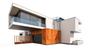 Satılık ve Kiralık garaj ile nehrin yanında modern rahat ev 3D render. Beyaz izole.