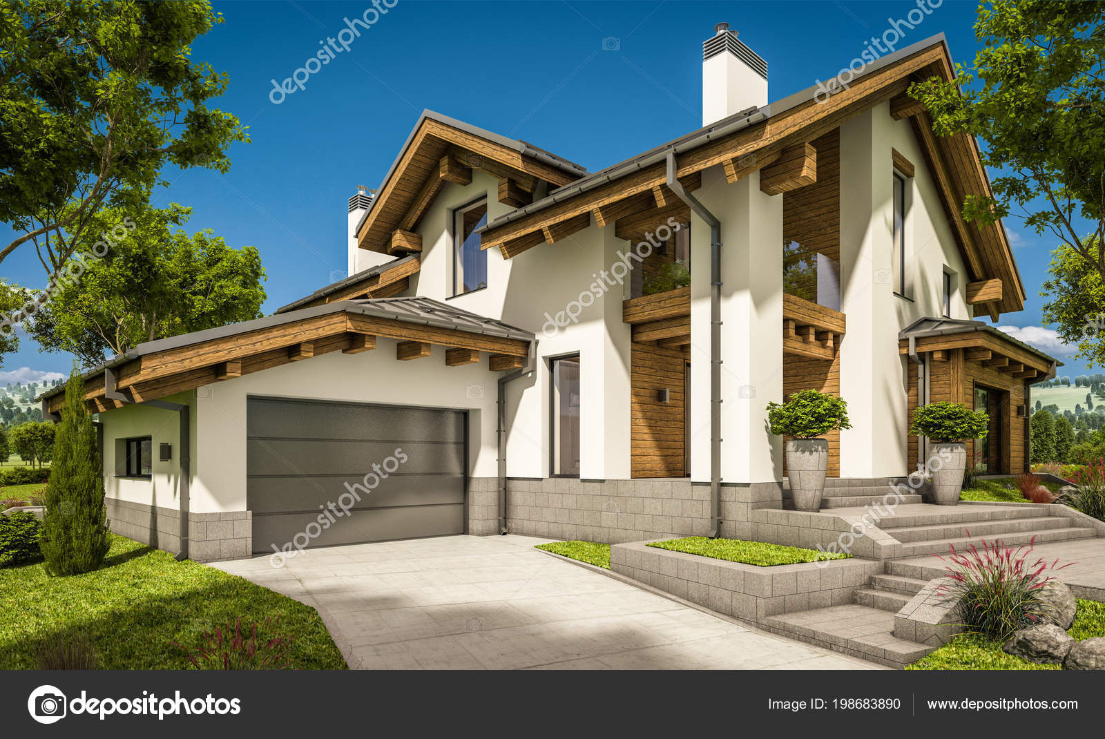 Rendering Modern Cozy House Chalet Style Garage Sale Rent Large