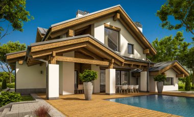 dağ evi tarzı ile garaj Satılık veya Kiralık geniş Bahçe ve çim ile modern rahat evde 3D render. Bulutsuz gökyüzü açık güneşli yaz gün.