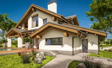 dağ evi tarzı ile garaj Satılık veya Kiralık geniş Bahçe ve çim ile modern rahat evde 3D render. Bulutsuz gökyüzü açık güneşli yaz gün.