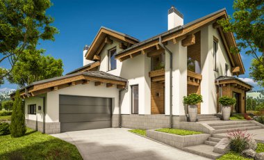 dağ evi tarzı ile garaj Satılık veya Kiralık geniş Bahçe ve çim ile modern rahat evde 3D render. Bulutsuz gökyüzü açık güneşli yaz gün.