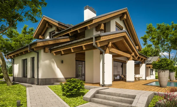 Rendering Von Modernen Gemütlichen Haus Chalet Stil Mit Garage Zum — Stockfoto