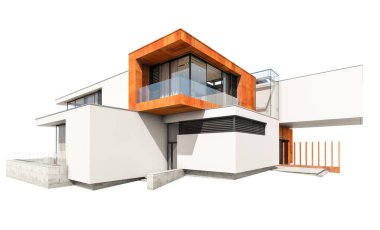 Satılık ve Kiralık garaj ile nehrin yanında modern rahat ev 3D render. Beyaz izole.