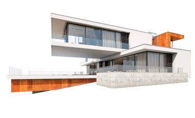 Satılık ve Kiralık garaj ile nehrin yanında modern rahat ev 3D render. Beyaz izole.