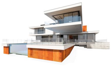 Satılık ve Kiralık garaj ile nehrin yanında modern rahat ev 3D render. Beyaz izole.