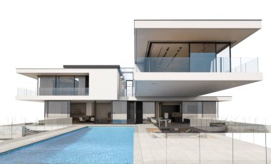 Satılık ve Kiralık garaj ile nehrin yanında modern rahat ev 3D render. Beyaz izole.