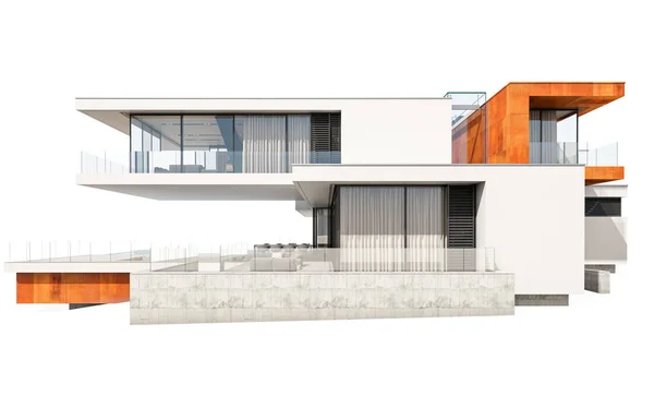 Rendering Modern Rumah Nyaman Oleh Sungai Dengan Garasi Untuk Dijual — Stok Foto