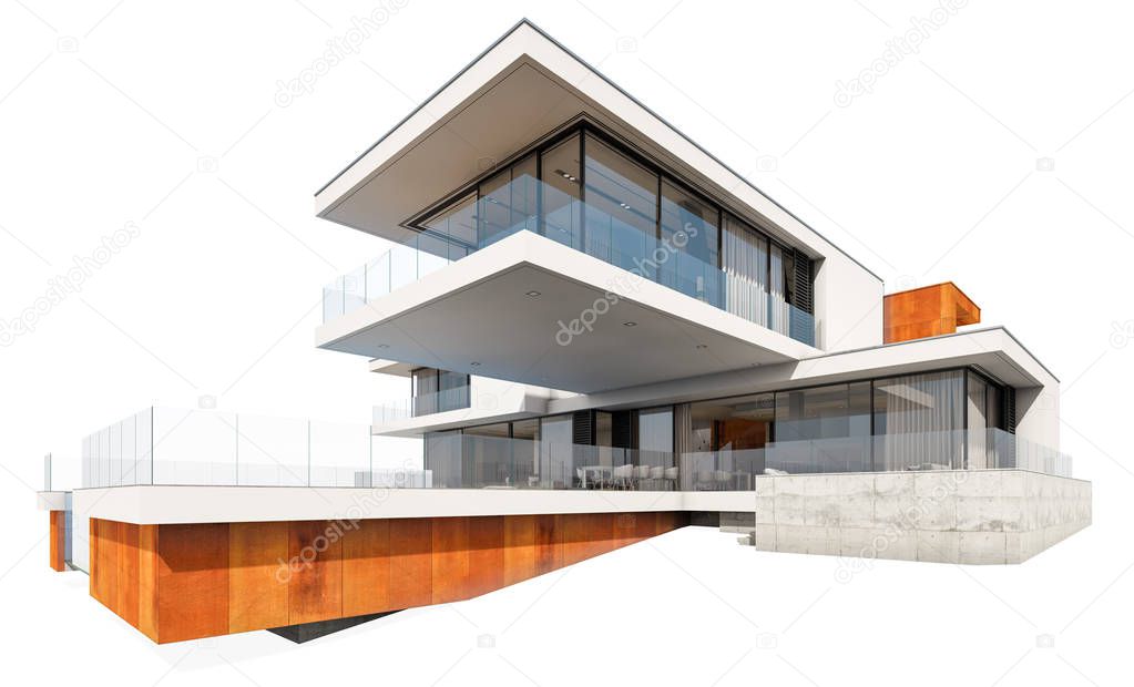 3d rendering of modern cozy house by the river with garage for sale or rent. Isolated on white.