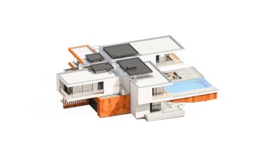 Satılık ve Kiralık garaj ile nehrin yanında modern rahat ev 3D render. Beyaz izole.