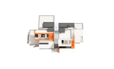 Satılık ve Kiralık garaj ile nehrin yanında modern rahat ev 3D render. Beyaz izole.