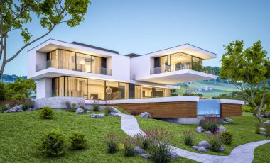 modern rahat ev Satılık garaj ile nehir veya arka plan üzerinde güzel dağları ile kira 3D render. Yaz gecesi mavi gökyüzü ile temizleyin. Penceresinden rahat ılık ışık.