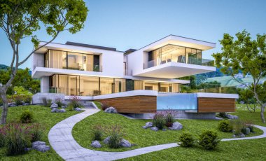 modern rahat ev Satılık garaj ile nehir veya arka plan üzerinde güzel dağları ile kira 3D render. Yaz gecesi mavi gökyüzü ile temizleyin. Penceresinden rahat ılık ışık.