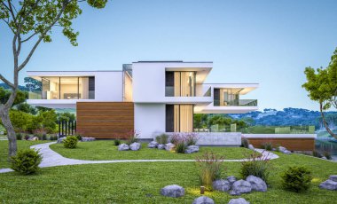 modern rahat ev Satılık garaj ile nehir veya arka plan üzerinde güzel dağları ile kira 3D render. Yaz gecesi mavi gökyüzü ile temizleyin. Penceresinden rahat ılık ışık.