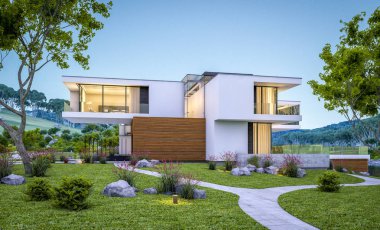 modern rahat ev Satılık garaj ile nehir veya arka plan üzerinde güzel dağları ile kira 3D render. Yaz gecesi mavi gökyüzü ile temizleyin. Penceresinden rahat ılık ışık.