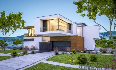modern rahat ev Satılık garaj ile nehir veya arka plan üzerinde güzel dağları ile kira 3D render. Yaz gecesi mavi gökyüzü ile temizleyin. Penceresinden rahat ılık ışık.