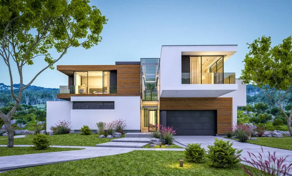 modern rahat ev Satılık garaj ile nehir veya arka plan üzerinde güzel dağları ile kira 3D render. Yaz gecesi mavi gökyüzü ile temizleyin. Penceresinden rahat ılık ışık.