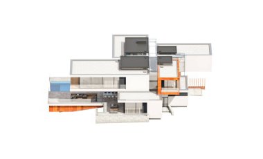 Satılık ve Kiralık garaj ile nehrin yanında modern rahat ev 3D render. Beyaz izole.