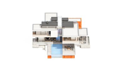 Satılık ve Kiralık garaj ile nehrin yanında modern rahat ev 3D render. Beyaz izole.