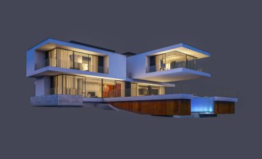 modern rahat ev 3D render Satılık ve kiralık garaj ile gece. Gri izole.