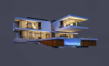 modern rahat ev 3D render Satılık ve kiralık garaj ile gece. Gri izole.