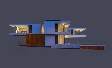modern rahat ev 3D render Satılık ve kiralık garaj ile gece. Gri izole.