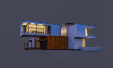 modern rahat ev 3D render Satılık ve kiralık garaj ile gece. Gri izole.