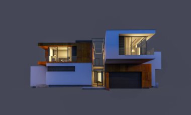 modern rahat ev 3D render Satılık ve kiralık garaj ile gece. Gri izole.
