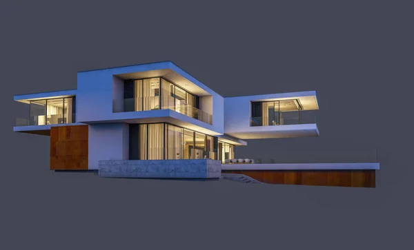 3d rendering of modern cozy house at night with garage for sale or rent. Isolated on gray.