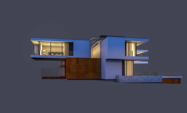 Renderização Moderna Casa Acolhedora Noite Com Garagem Para Venda Aluguel — Fotografia de Stock