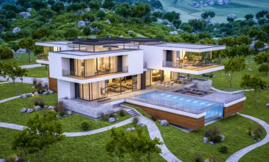 modern rahat ev Satılık garaj ile nehir veya arka plan üzerinde güzel dağları ile kira 3D render. Yaz gecesi mavi gökyüzü ile temizleyin. Penceresinden rahat ılık ışık.