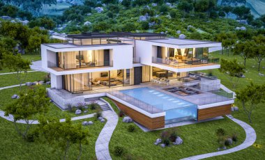 modern rahat ev Satılık garaj ile nehir veya arka plan üzerinde güzel dağları ile kira 3D render. Yaz gecesi mavi gökyüzü ile temizleyin. Penceresinden rahat ılık ışık.