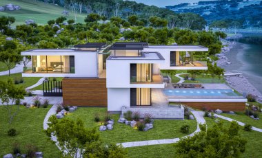 modern rahat ev Satılık garaj ile nehir veya arka plan üzerinde güzel dağları ile kira 3D render. Yaz gecesi mavi gökyüzü ile temizleyin. Penceresinden rahat ılık ışık.