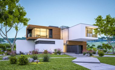 modern rahat ev Satılık garaj ile nehir veya arka plan üzerinde güzel dağları ile kira 3D render. Yaz gecesi mavi gökyüzü ile temizleyin. Penceresinden rahat ılık ışık.