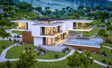 modern rahat ev Satılık garaj ile nehir veya arka plan üzerinde güzel dağları ile kira 3D render. Yaz gecesi mavi gökyüzü ile temizleyin. Penceresinden rahat ılık ışık.