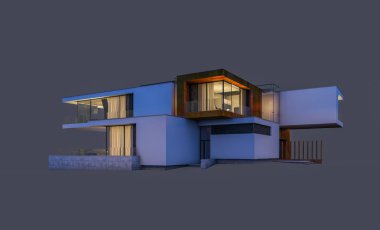 modern rahat ev 3D render Satılık ve kiralık garaj ile gece. Gri izole.