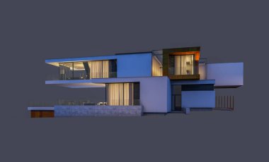 modern rahat ev 3D render Satılık ve kiralık garaj ile gece. Gri izole.