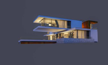 modern rahat ev 3D render Satılık ve kiralık garaj ile gece. Gri izole.