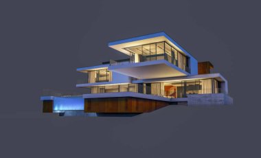 modern rahat ev 3D render Satılık ve kiralık garaj ile gece. Gri izole.