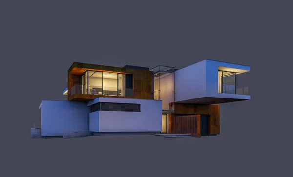Rendering Von Modernen Gemütlichen Haus Der Nacht Mit Garage Zum — Stockfoto