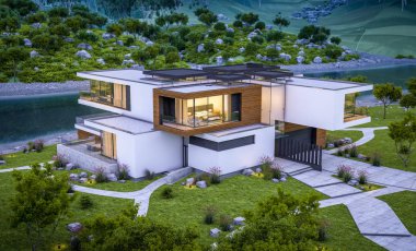 modern rahat ev Satılık garaj ile nehir veya arka plan üzerinde güzel dağları ile kira 3D render. Yaz gecesi mavi gökyüzü ile temizleyin. Penceresinden rahat ılık ışık.