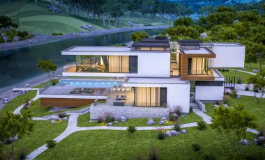 modern rahat ev Satılık garaj ile nehir veya arka plan üzerinde güzel dağları ile kira 3D render. Yaz gecesi mavi gökyüzü ile temizleyin. Penceresinden rahat ılık ışık.