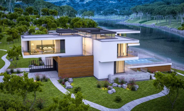 Rendering Von Modernen Gemütlichen Haus Fluss Mit Garage Zum Verkauf — Stockfoto