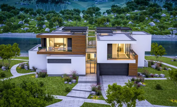 modern rahat ev Satılık garaj ile nehir veya arka plan üzerinde güzel dağları ile kira 3D render. Yaz gecesi mavi gökyüzü ile temizleyin. Penceresinden rahat ılık ışık.