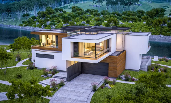 modern rahat ev Satılık garaj ile nehir veya arka plan üzerinde güzel dağları ile kira 3D render. Yaz gecesi mavi gökyüzü ile temizleyin. Penceresinden rahat ılık ışık.