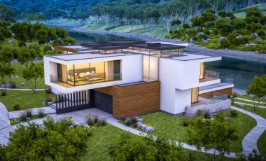 modern rahat ev Satılık garaj ile nehir veya arka plan üzerinde güzel dağları ile kira 3D render. Yaz gecesi mavi gökyüzü ile temizleyin. Penceresinden rahat ılık ışık.