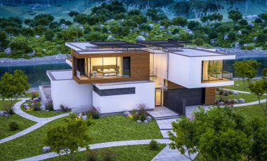 modern rahat ev Satılık garaj ile nehir veya arka plan üzerinde güzel dağları ile kira 3D render. Yaz gecesi mavi gökyüzü ile temizleyin. Penceresinden rahat ılık ışık.