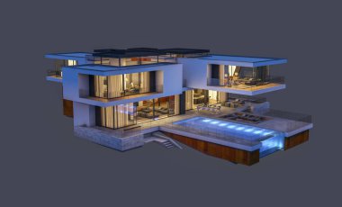 modern rahat ev 3D render Satılık ve kiralık garaj ile gece. Gri izole.