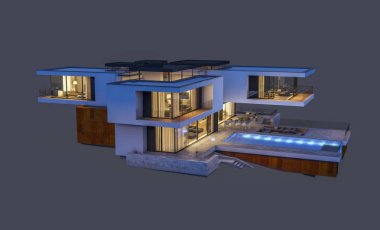 modern rahat ev 3D render Satılık ve kiralık garaj ile gece. Gri izole.