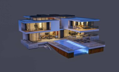 modern rahat ev 3D render Satılık ve kiralık garaj ile gece. Gri izole.