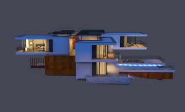 modern rahat ev 3D render Satılık ve kiralık garaj ile gece. Gri izole.